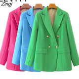 Women Fashion Double Breasted Candy Color Blazer Coat Vintage Long Sleeve Flap Pockets Female Outerwear Chic