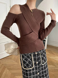 Fashion Women's Knitted Pullover Oblique Collar Slim Solid Color Long Sleeve Cross Bandage Sweater Autumn 2023 New