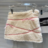 White Plush Faux Fur Pink Stripe Mini Skirt- Outfit