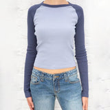 Patchwork Ribbed T-shirt Women Autumn Casual Round Neck Long Sleeve Tee Shirt Retro Streetwear Chic Cotton T Shirt