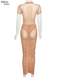 Mesh Outfits Women Two Piece Set Skinny O-Neck Short Sleeve Bodysuits Top+Skirt See Through Clubwear Vacation Matching