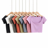 Zingj Summer New INS Tight Square Collar Short-Sleeved T-Shirt With Bottom Ultra-Short Exposed Collarbone High Waist Navel