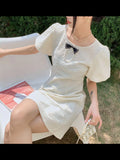 Puff Sleeve Casual Korean Dress Women Summer 2022 Short Sleeve A Line Beading Bow Kawaii Cute Mini Ladies Dress