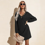 Knitted Women Dresses Autumn Winter Long Sleeve Loose Elegant Sexy V-neck Office Solid Mini Dress Woman Robe