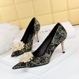 Zingj Sexy Banquet High Heels Fine Heel High Heels Shallow Pointed Pearl Flowers Rhinestone Women's Shoes Single