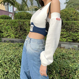 Spring Fashion Patchwork Women T-shirt 2021 New Sexy Off Shoulder Rib Knitted Letter Slim Wild Streetwear Female