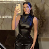 Zingj Women's 2024 New Leather Pile Collar Personality Closed Waist Oblique Hem Sleeveless Jacket Women's