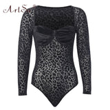 Women Long Sleeve Casual Bodysuits Fashion V-Neck Black Leopard Print See Through Sexy Velvet Mesh Bodysuit Club Wear