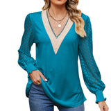 Zingj New Autumn / Winter 2024 Women's V-Neck Lace Stitching Hollow-Out Long Sleeve Loose Jacket T-Shirt-Outfit