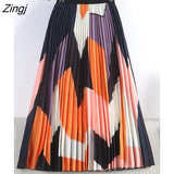 2023 Korean Fashion Colorful Geometric Print Midi Long Pleated Skirt Women High Waist A Line Skirt