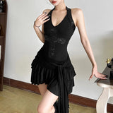 Summer New Women's Hottie V-Neck Hanging Neck-Deck Mesh Splicing Slit Tight Dress