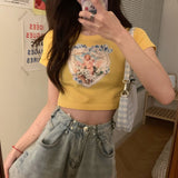 Printed Female Korean High Waist Short Sleeve T-shirt Ins Tight Exposed Navel Student Tops Women's Clothing Plus Size