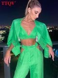 Sexy Slim Hollow Out Trouser Suits Fashion Green Pants Set Bodycon Long Sleeve Blazer With Bra 3 Piece Sets Womens