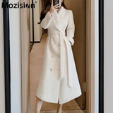 Notched Collar With Sashes Woolen Coat Women Solid Double Breasted Mid-length Overcoat Ladies High Street Wool