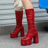 Fashion Women Knee High Boots Flock Platform Chunky High Heel Punk Boots Square Toe Zipper Autumn Winter Ladies