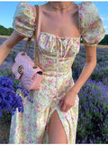 Floral Print Dress Sweet Square Neck Puff Sleeve Side Spilt Drawstring Maxi Dresses for Women Party Chic Casual