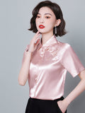 Women Shirt Embroidered Womens Tops Satin Short Sleeve Blouse 2023 Summer Fashion Female Clothing Casual Shirts for