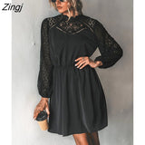PETAL Lace Trim A-Line Mini Dress For Woman Black Sexy Cut Out Long Sleeve Party Dress 2023 Spring Autumn Female