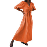 Spot 2025 Autumn New Fashion Temperament High Waist V-Neck Long Holiday Cotton And Linen
