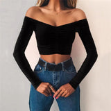 T-shirts sexy and club fashion female T-shirt long sleeve off shoulder solid color lady Tshirt autumn basic
