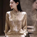 Chinese Style Vintage Buttoned Blouse Women's Autumn 2023 New Champagne Small Collar Imitation Silk
