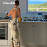 Floral Print Backless Sexy Knitted Dress Split Side Party Bodycon Long Dress Robe Vintage Skinny Fashion