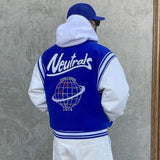 Women Bomber Jacket Blue Contrast Sleeve PU Leather Jaded Casual London Coats Letter Embroidery Autumn Baseball