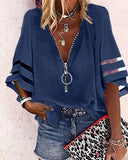 New V-Neck Zipper Shirt Half-Horn Sleeve Grid Spliced Loose Casual Shirt For