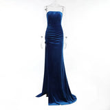 Strapless Solid Blue Velvet Long Maxi Evening Dress Elegant Autumn Winter Women High Split Formal Bodycon Party Prom