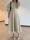 Elegant Office Lady Vintage Office Puff Sleeve Shirt Dress Women Casual Single-breasted A-Line