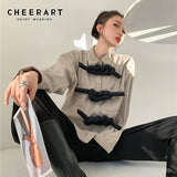Grey Designer Long Sleeve Shirt Women Blouse Kink Frog Vintage Top Button Up Collar Shirt 2021 Fashion
