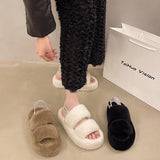 Zingj Slippers Female 2024 Autumn Winter New Large Size Elastic Belt Home One Word Plush Slippers Female-Outfit