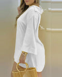 Women Plain Bell Sleeve V-Neck Long Casual Loose Top &amp; Shorts Set Casual Summer Solid Streetewar Suit