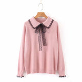Lace-up Doll Collar Long-sleeved Sweater Female Long-sleeved Fashion Flower Edge Stitching Knitted Sweater Pullover