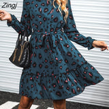 PETAL Belted Blue Leopard Mini Dress For Woman Sexy Mock Neck Long Sleeve Party Dress 2023 Spring Autumn Female
