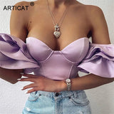 Elegant Ruffles Sleeve Crop Tops Women Strapless Off Shoulder Backless Zipper Sexy Club Party Tops 2020 Summer