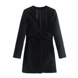 Women Elegant Solid Pink Blazer-Style Mini Dress Knotting Collar Long Sleeve Summer Office Lady Slimmed