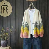 spring and autumn new Korean ethnic style jacquard knitted cardigan loose color matching V-neck sweater jacket