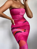 Strapless Print Ruched Dress For Women Sexy Sleeveless Mini Dresses Ladies Streetwear Backless Elasitc Mesh