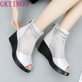 2021 Summer Women Sandals Platform Wedges Sandals Breathable Mesh Genuine Leather Sandals Cool Boots Fashion