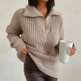 Zipper-up Loose Solid Sweater Women Winter Long Sleeve Pullover Knitting Autumn Female Fashion Twist Knitted Tops