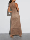 Round Neck Knitted Maxi Dress Women Sleeveless Hollow Out Bodycon Robes 2024 New Fashion Lady Beach Party
