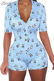 Women Sexy V-Neck Bodycon Bodysuit Casual Printed Button Sleepwear Jumpsuit Shorts Romper Leotard Sexy Ladies Summer Pajamas