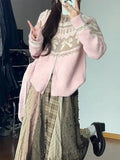 Pink Jacquard Bow Knitted Cardigan- Outfit