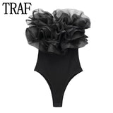 Ruffle Black Bodysuit For Woman Off Shoulder Sexy Lingerie Women Body Organza Sleeveless Bodysuit Y2k Women's Summer