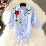 Summer Fashion Stripe Blouse Short Sleeve Shirt Women Blouses Chiffon Embroidery Shirts White Blue Top Blusas Women