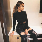 Solid Basic Long Sleeve Womens Tshirt Casual Black White Fashion Crop Top T Shirt Ladies Fashion Korean Tee