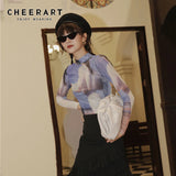 Mesh Turtleneck T Shirt Women See Through Transparent Sheer Top Long Sleeve Vintage Print Tee Shirt Fall