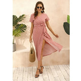 2021 Summer Fashion Sexy V Neck Short Sleeve Women's Split Dress Bohemia Casual Belt Empire Polka Dot Print Ladies