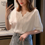 New Summer Women Chiffon Shirt Short Sleeve Blouse Elegant Sweet V-neck Korean White Tops Hollow Out Fashion Blusas